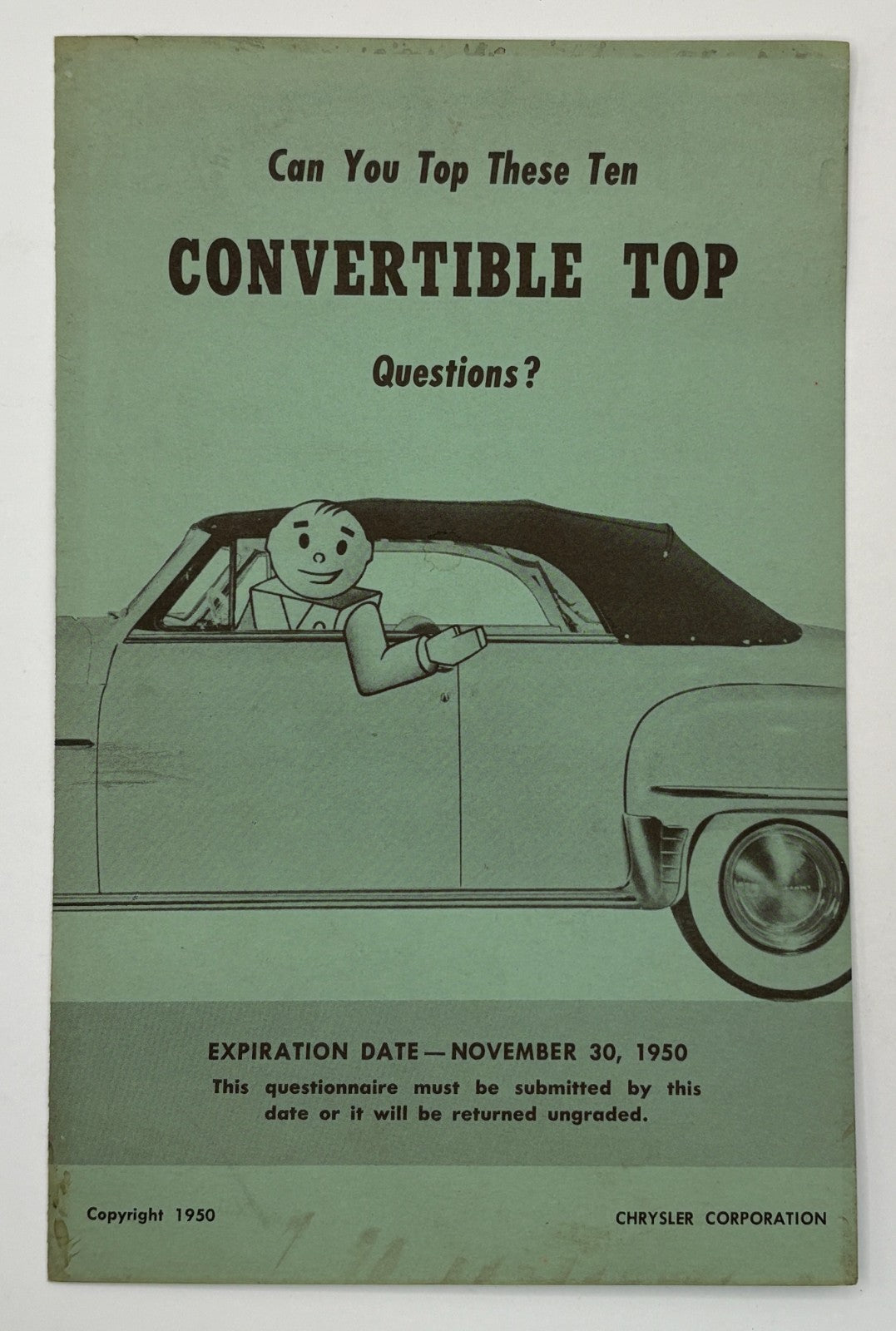 Vintage questionnaire for convertible top questions with a cartoon character in a car, published by Chrysler Corporation in 1950.