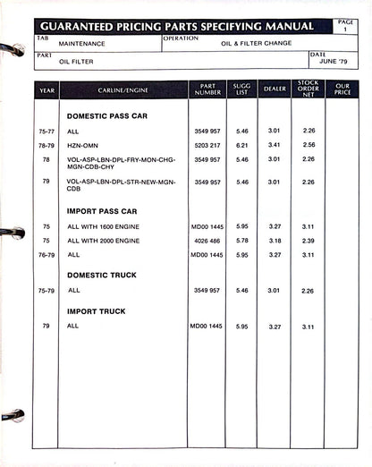 Original 1979 Guaranteed Pricing Parts Specifying Manual