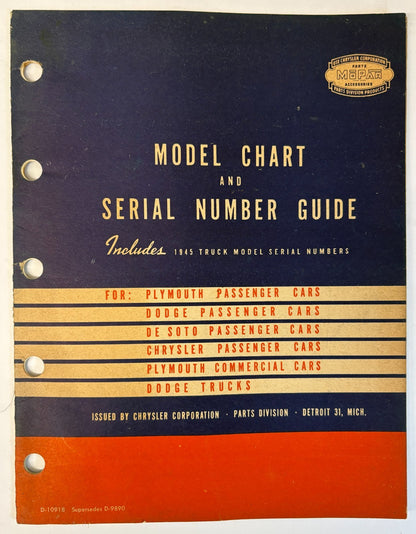 Original 1945 Mopar Model Chart and Serial Number Guide D-10918