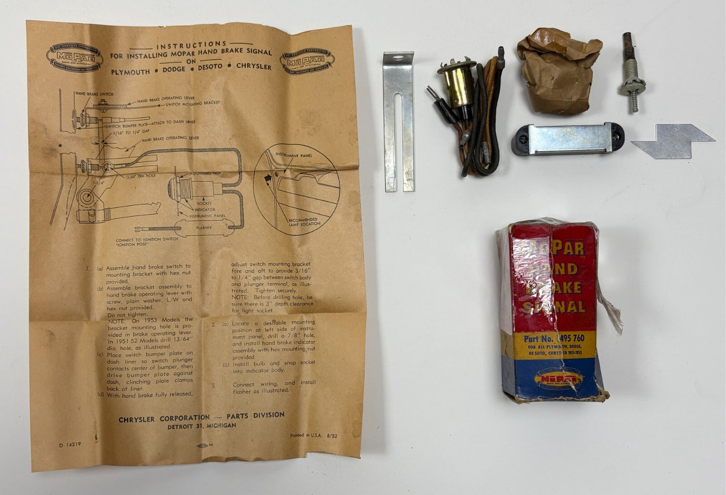 New Old Stock Park Brake Signal Pkg for 1951-54 Models Mopar #1495760