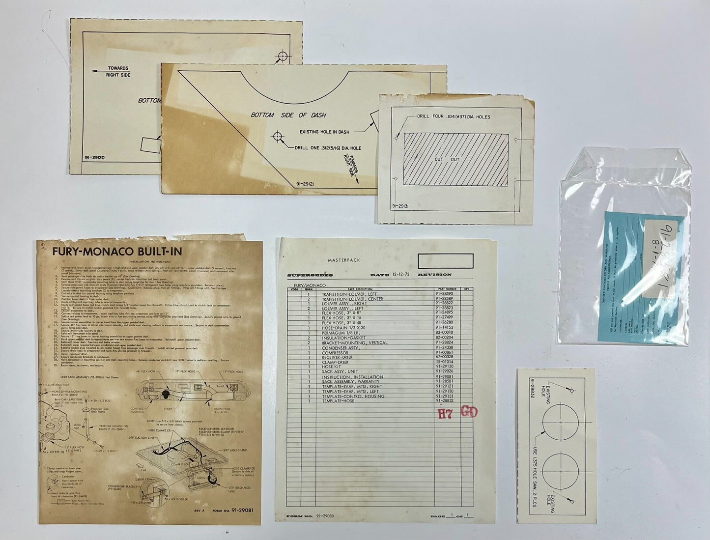New Old Stock A/C Field Instillation Package for 1975-76 Models Mopar #3837329