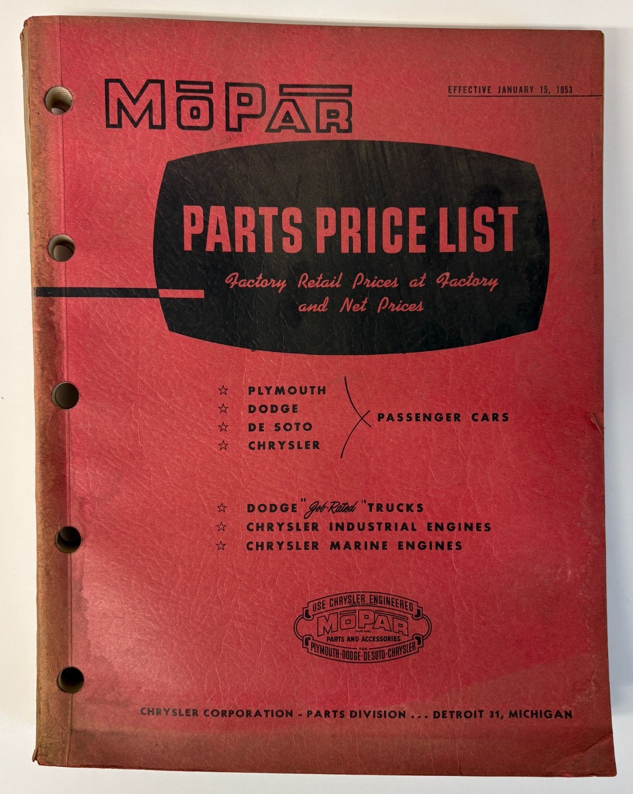 Original 1953 Mopar Parts Price List Manual D-14491