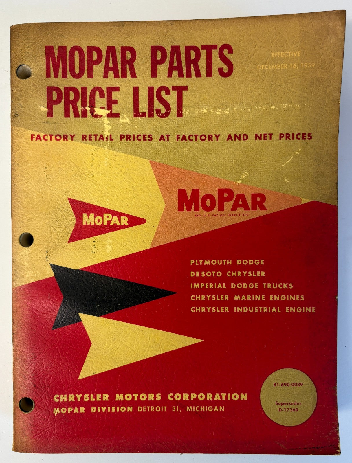 Original 1959 Mopar Parts Price List 81-690-0039