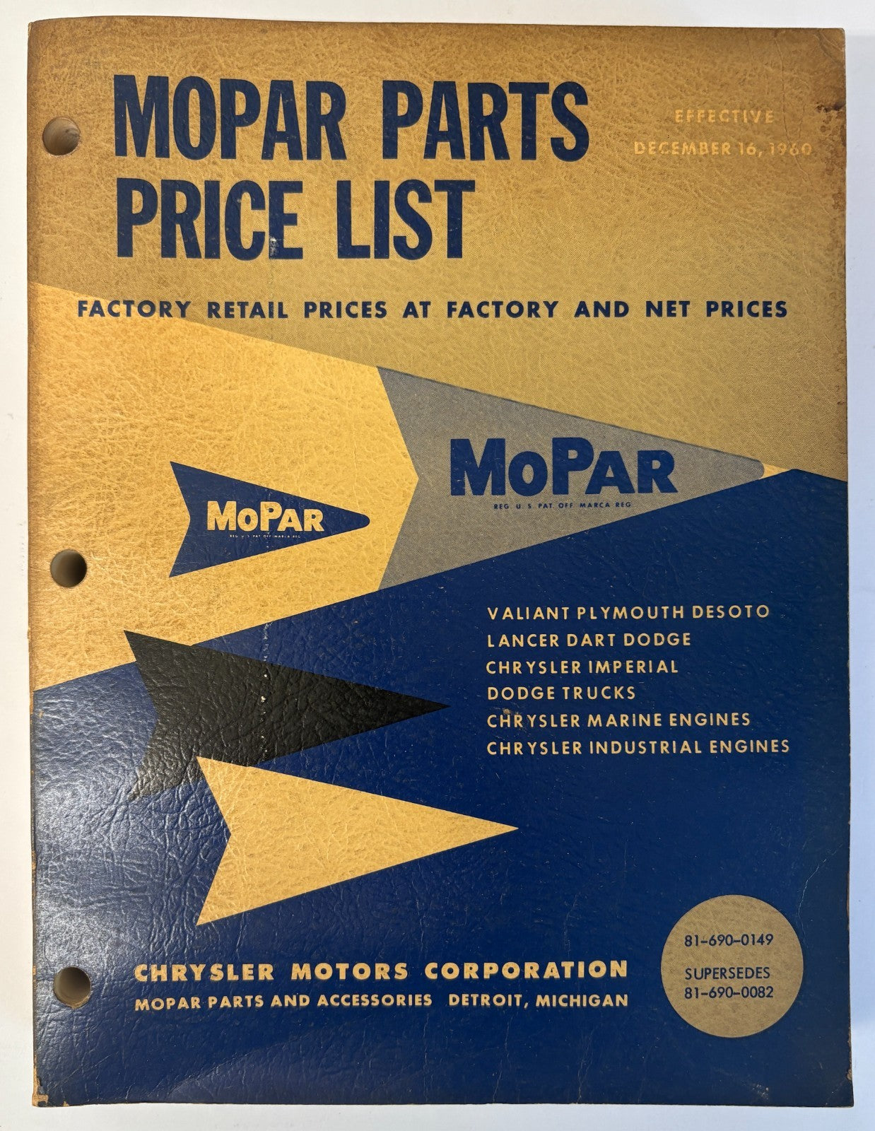 Original 1960 Mopar Parts Price List 81-690-0149