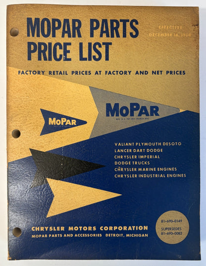 Original 1960 Mopar Parts Price List 81-690-0149