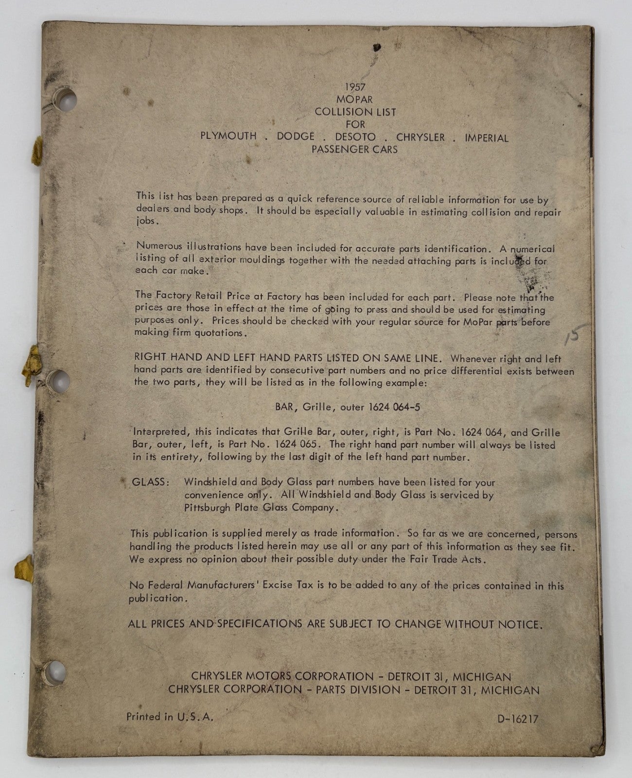 Original 1957 Mopar Collision List for Passenger Cars #D-16217